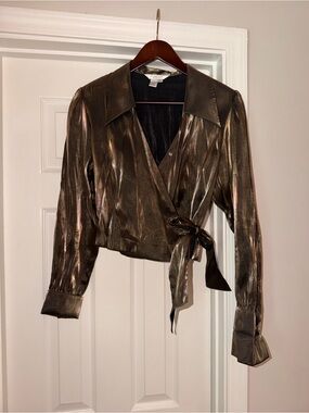 Shimmery Vintage Gold Green Wrap Blouse with Tie Waist